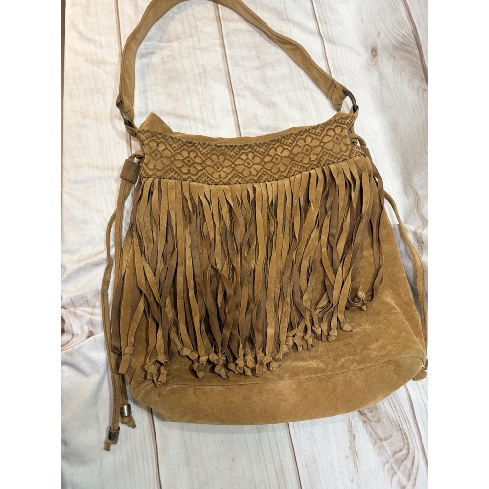 Y2K Roxy Brown Suede Fringe Shoulder Bag Western Boho Hippie Embroidered